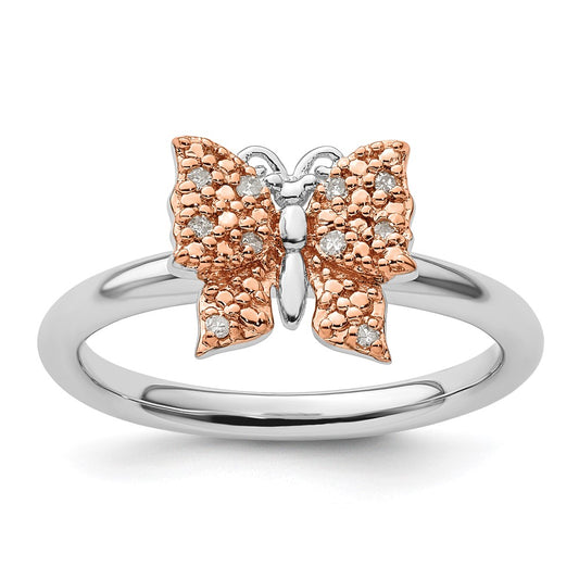 Sterling Silver & Rose Plated Stackable Expression Dia. Butterfly Ring