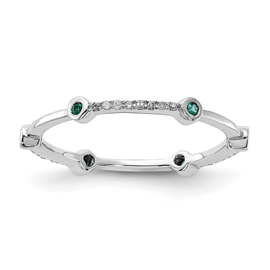 Sterling Silver Stack Expressions Polished Created Emerald & Diamond Ring