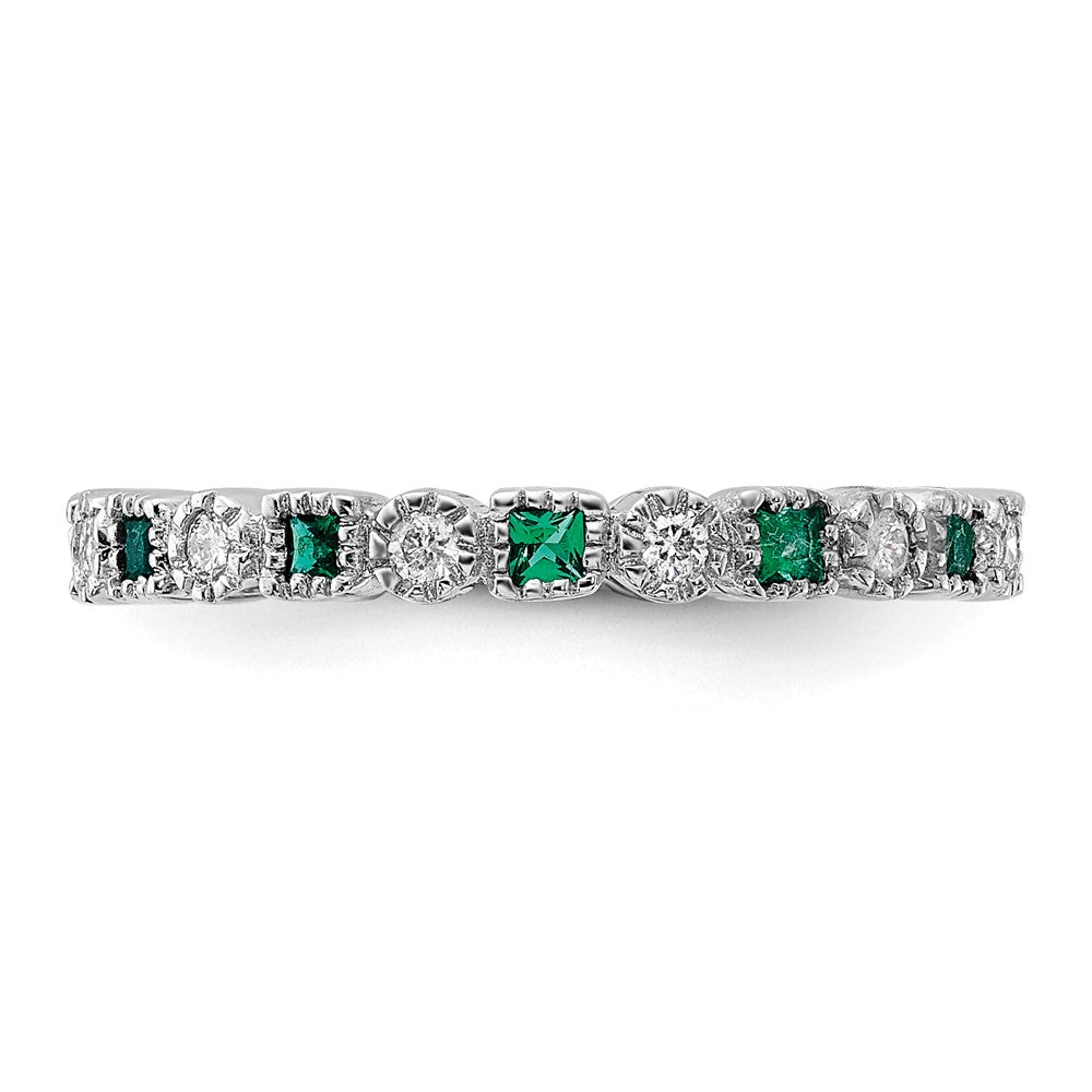 Sterling Silver Stack Exp Polished Created Emerald & Diamond Ring