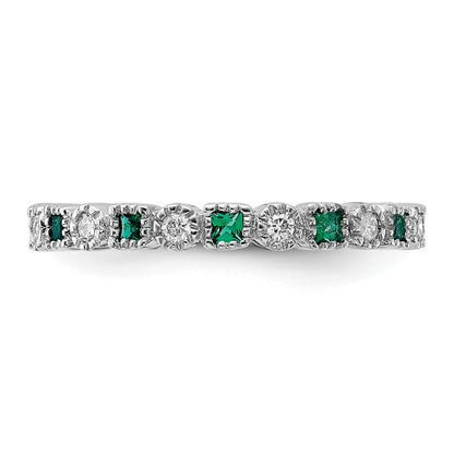 Sterling Silver Stack Exp Polished Created Emerald & Diamond Ring