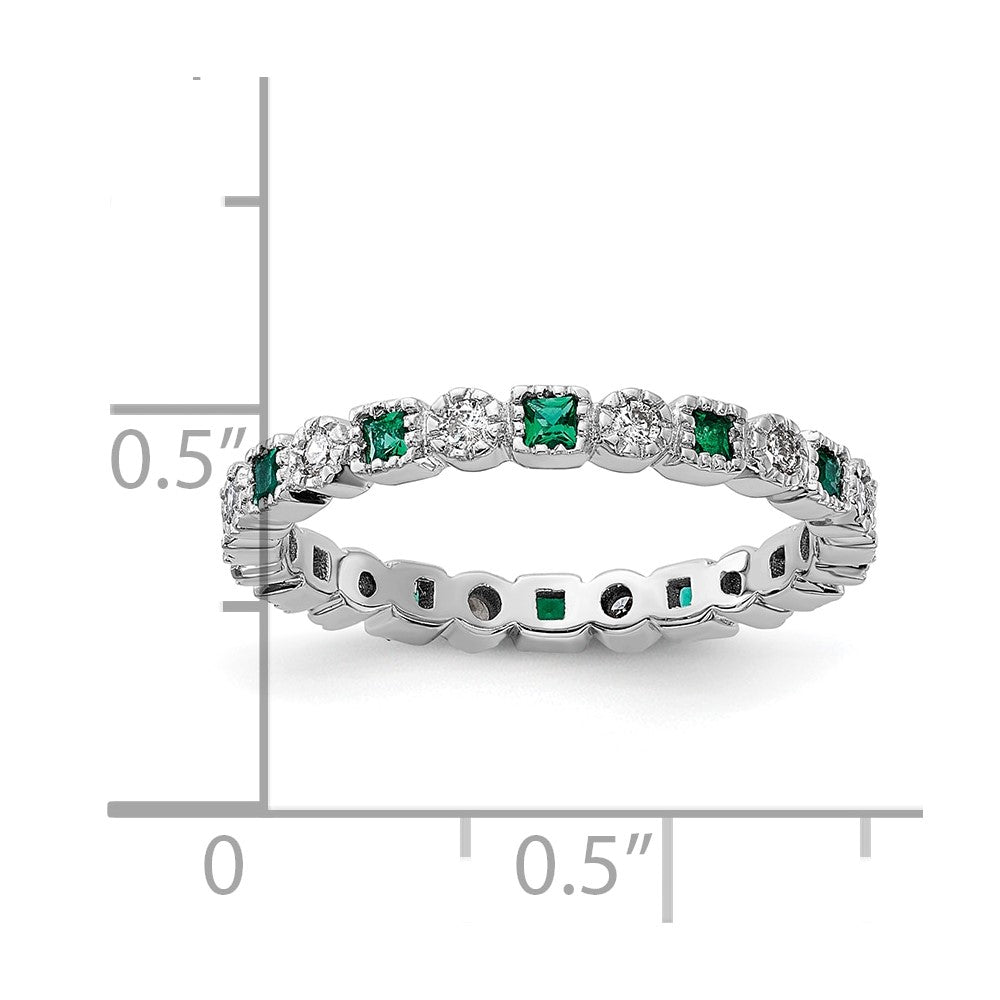 Sterling Silver Stack Exp Polished Created Emerald & Diamond Ring