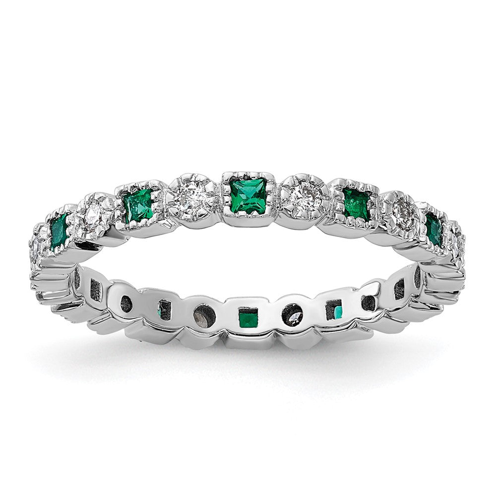 Sterling Silver Stack Exp Polished Created Emerald & Diamond Ring