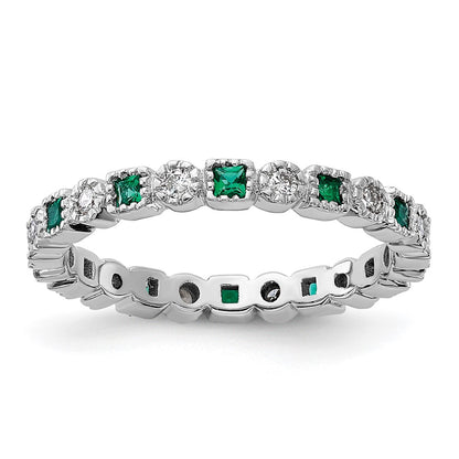 Sterling Silver Stack Exp Polished Created Emerald & Diamond Ring