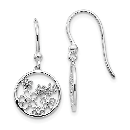 White Ice Sterling Silver Rhodium-plated Diamond Flower Shepherd Hook Dangle Earrings