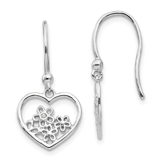 White Ice Sterling Silver Rhodium-plated Heart with Flower Diamond Shepherd Hook Dangle Earrings