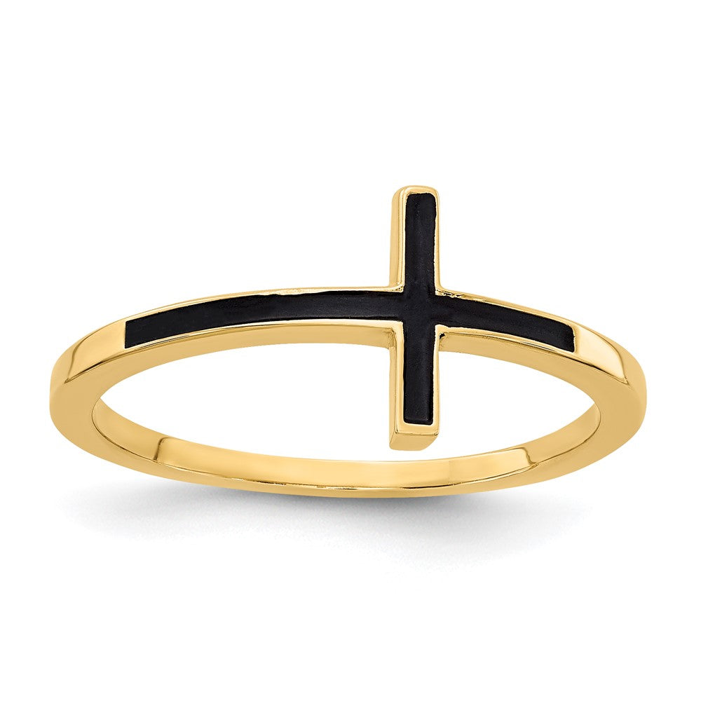 14K Yellow Gold Antiqued Sideways Cross Ring