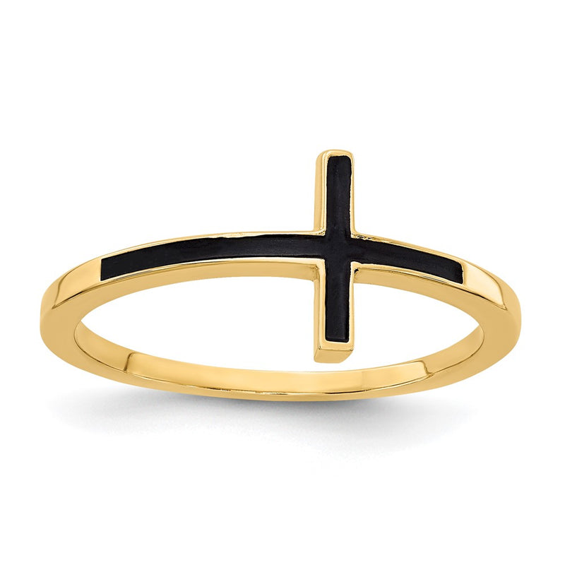 14K Yellow Gold Antiqued Sideways Cross Ring