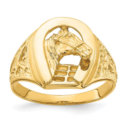 14K Yellow Gold Polished Horseshoe with Horse in Center Ring
