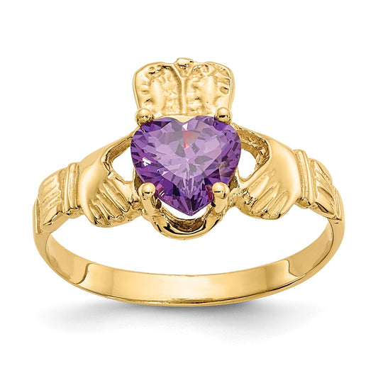 14K Yellow Gold February CZ Birthstone Claddagh Ring