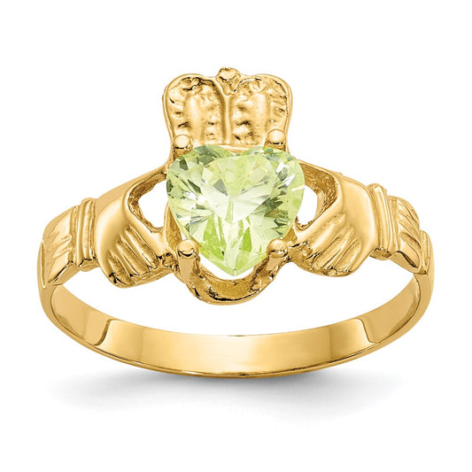 14K Yellow Gold August CZ Birthstone Claddagh Ring