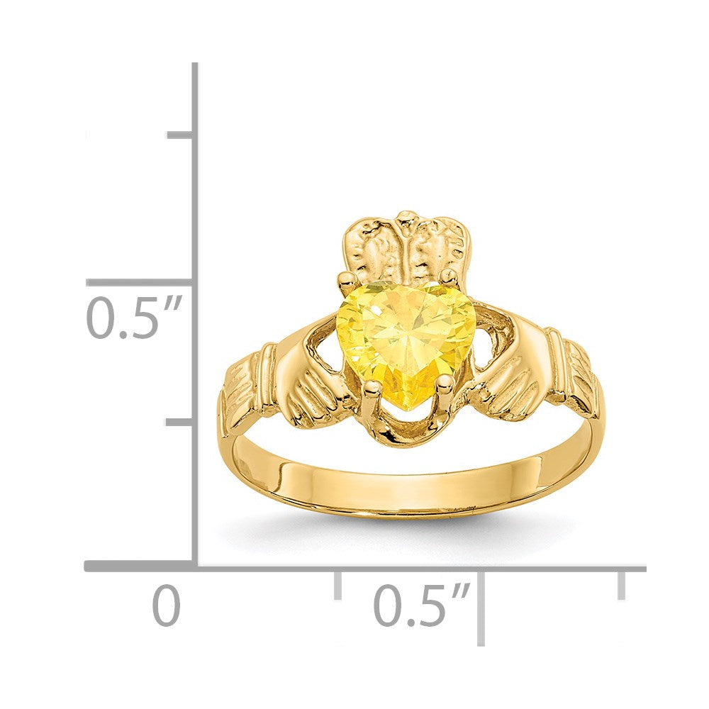 14K Yellow Gold November CZ Birthstone Claddagh Ring