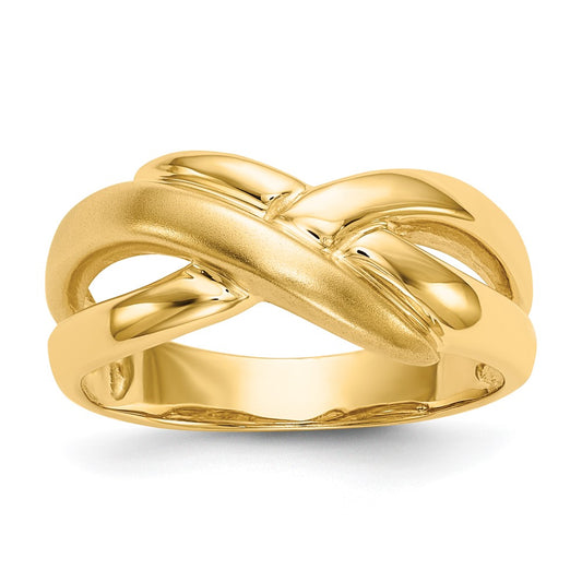 14K Yellow Gold Polished & Satin Swirl Cross-over Dome Ring