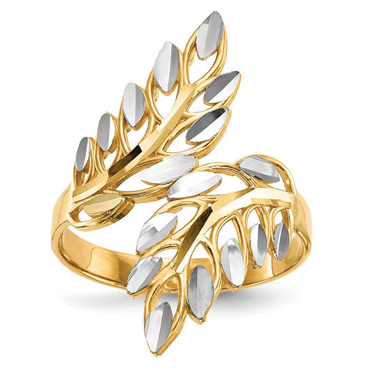 14k Yellow Gold w/ White Rhodium Diamond-cut Leaves Ring