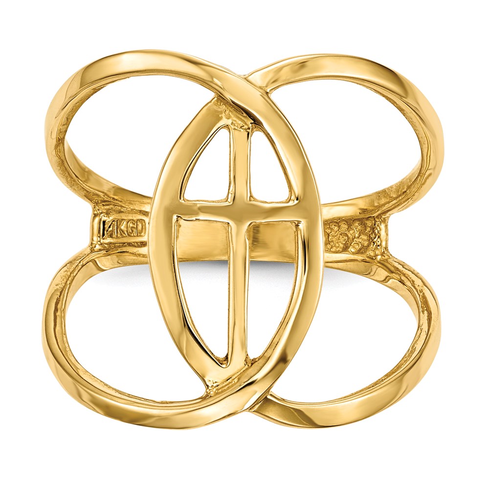 14K Yellow Gold Polished Cross and Ichthus Ring