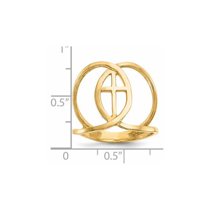 14K Yellow Gold Polished Cross and Ichthus Ring