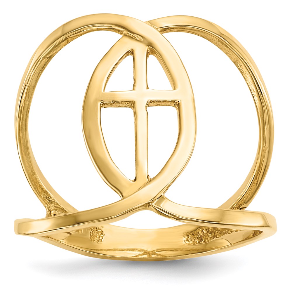 14K Yellow Gold Polished Cross and Ichthus Ring