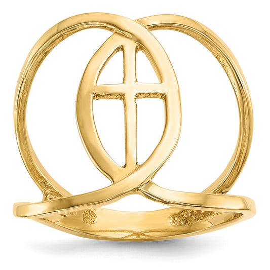 14K Yellow Gold Polished Cross and Ichthus Ring
