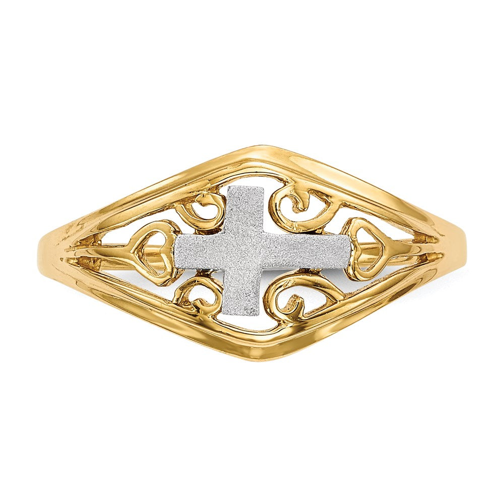 14k Two-Tone Gold Polished and Satin Cross and Hearts Ring