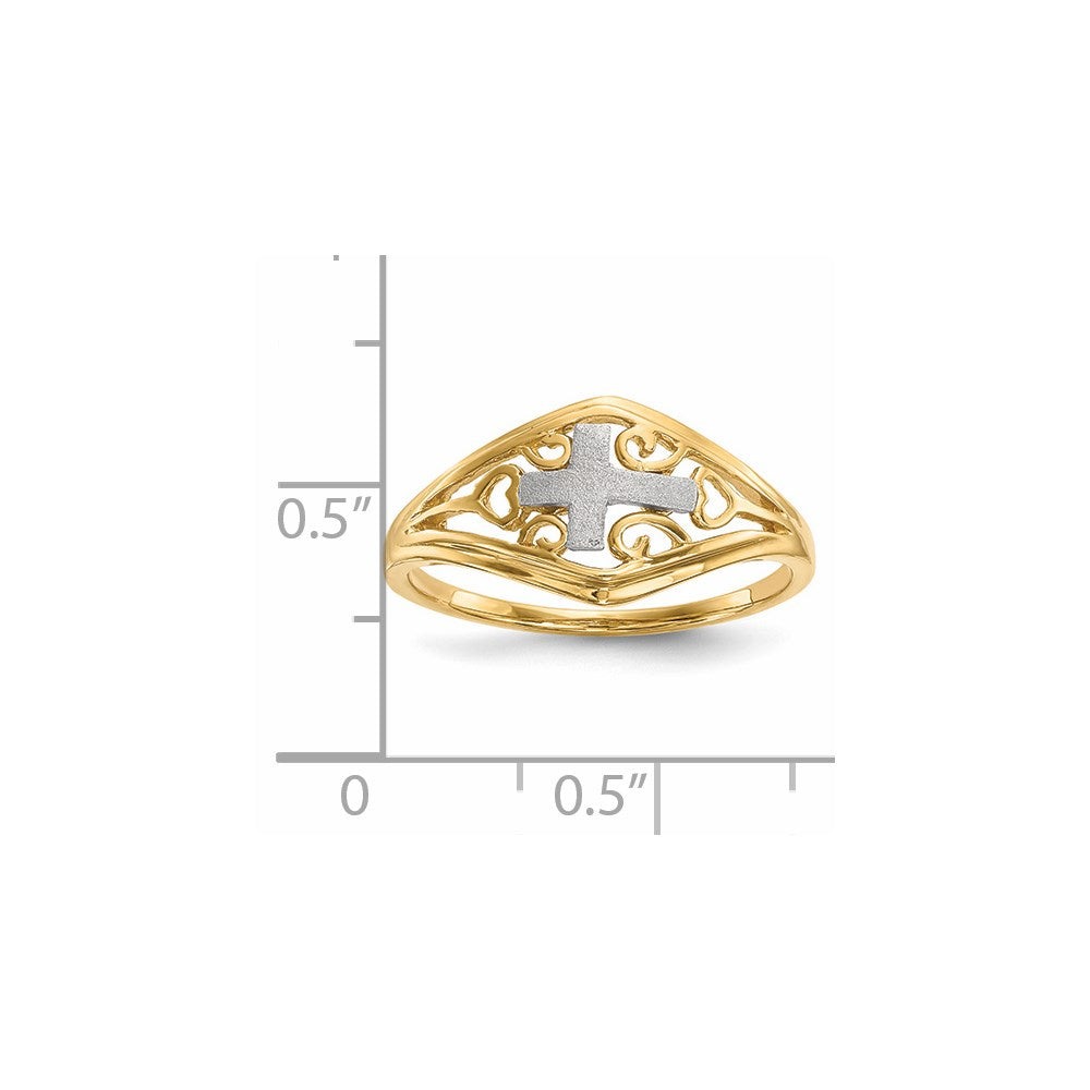 14k Two-Tone Gold Polished and Satin Cross and Hearts Ring