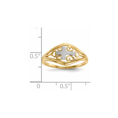 14k Two-Tone Gold Polished and Satin Cross and Hearts Ring