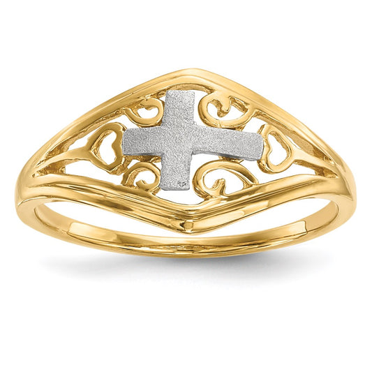 14k Two-Tone Gold Polished and Satin Cross and Hearts Ring