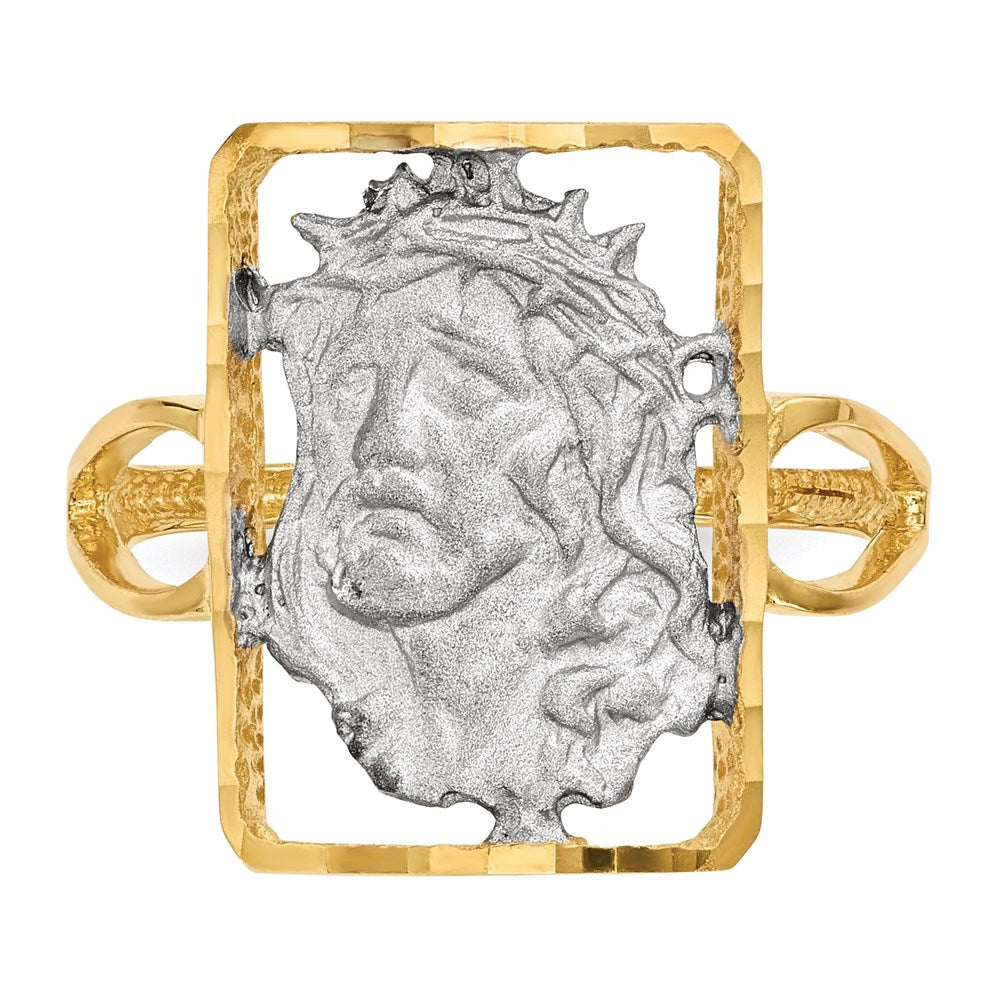 14k Yellow Gold with White Rhodium Polished and Satin Jesus Ring
