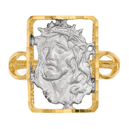 14k Yellow Gold with White Rhodium Polished and Satin Jesus Ring
