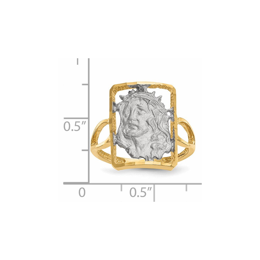 14k Yellow Gold with White Rhodium Polished and Satin Jesus Ring