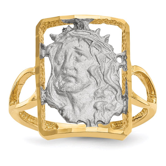 14k Yellow Gold with White Rhodium Polished and Satin Jesus Ring