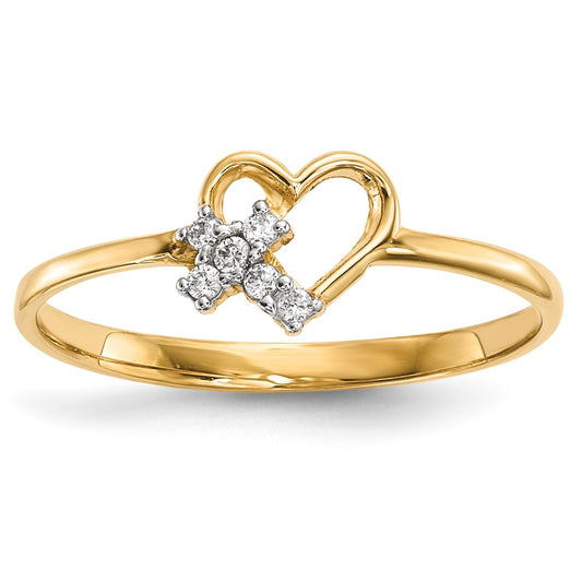 14K Yellow Gold Heart w/CZ Cross Ring