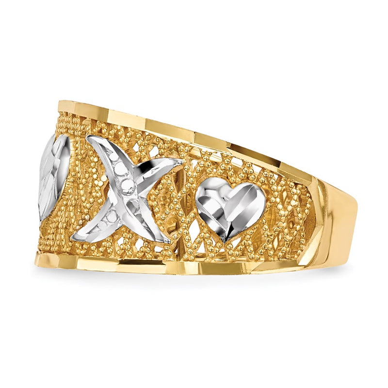 14k Yellow Gold w/ White Rhodium Diamond-cut Hearts Ring