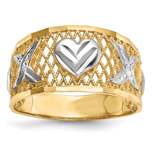 14k Yellow Gold w/ White Rhodium Diamond-cut Hearts Ring