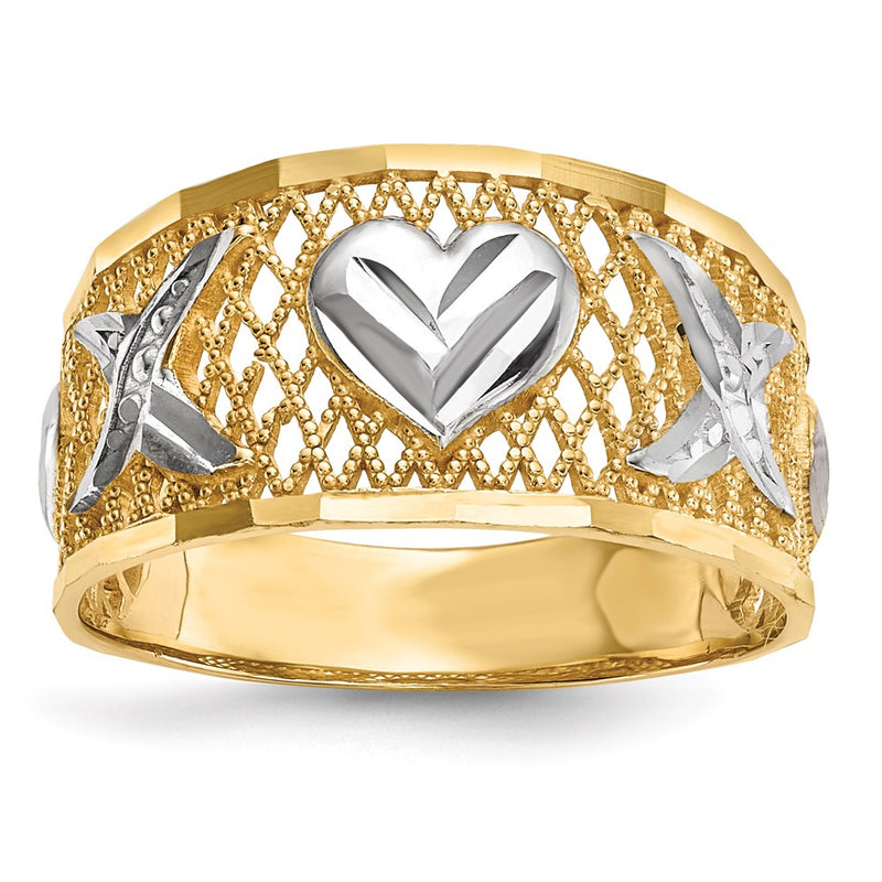 14k Yellow Gold w/ White Rhodium Diamond-cut Hearts Ring