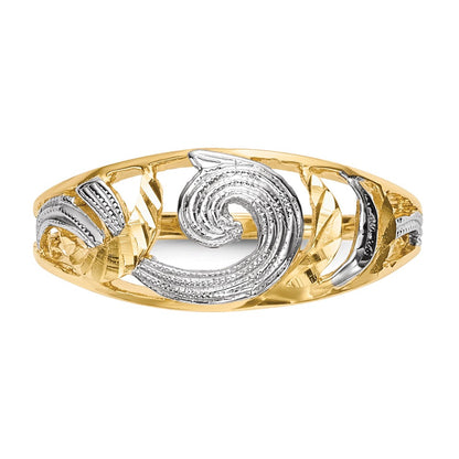 14k Yellow Gold w/White Rhodium Polished & D/C Swirls Ring