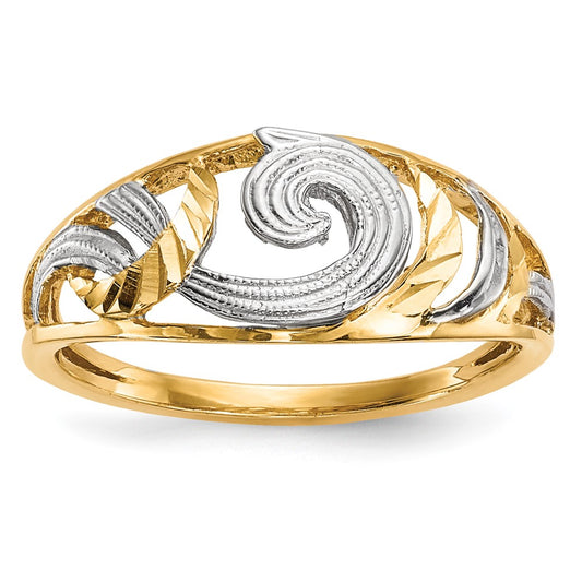 14k Yellow Gold w/White Rhodium Polished & D/C Swirls Ring