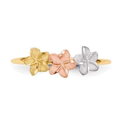 14k Two-Tone Gold w/White Rhodium Polished and Satin 3 Flower Ring