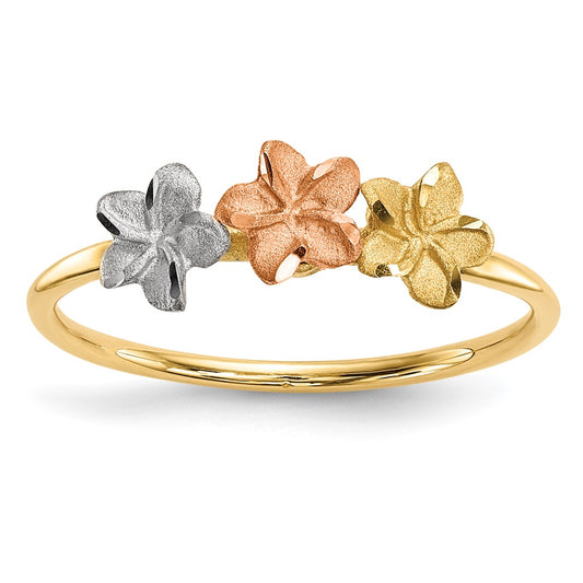 14k Two-Tone Gold w/White Rhodium Polished and Satin 3 Flower Ring