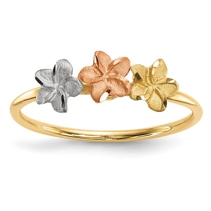 14k Two-Tone Gold w/White Rhodium Polished and Satin 3 Flower Ring