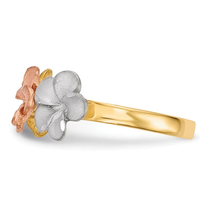 14k Two-Tone Gold w/White Rhodium Satin D/C 3-Plumerias Ring