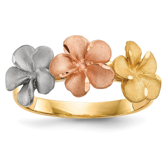 14k Two-Tone Gold w/White Rhodium Satin D/C 3-Plumerias Ring