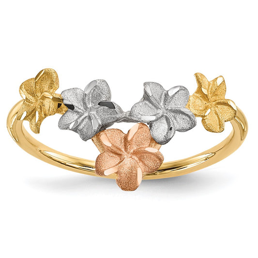 14k Two-Tone Gold White Rhodium Polished/Satin Flowers V-shaped Ring