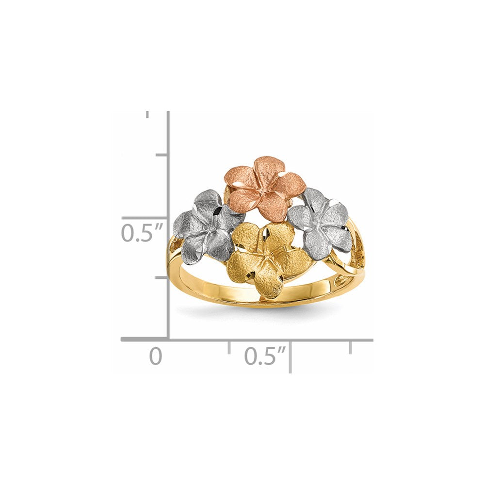 14k Two-Tone Gold w/White Rhodium Polished & Satin D/C 4-Plumeria Ring
