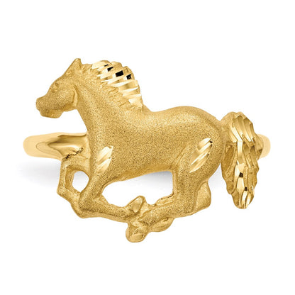 14K Yellow Gold Polished and Satin Diamond-cut Horse Ring