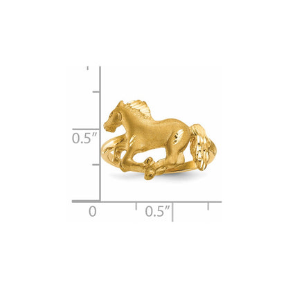 14K Yellow Gold Polished and Satin Diamond-cut Horse Ring