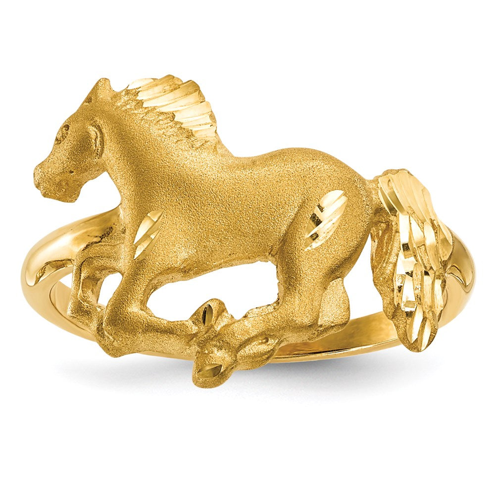 14K Yellow Gold Polished and Satin Diamond-cut Horse Ring