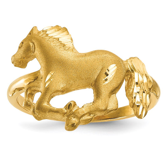 14K Yellow Gold Polished and Satin Diamond-cut Horse Ring