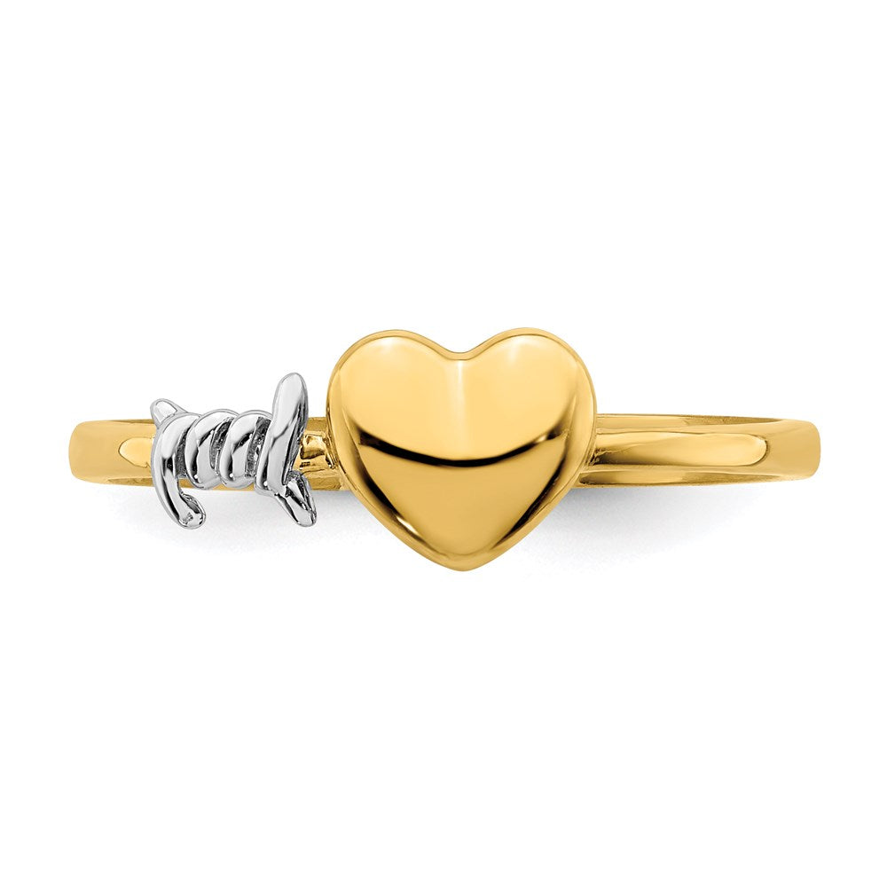 14k Yellow Gold with White Rhodium Barb Wire and Heart Ring