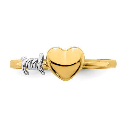 14k Yellow Gold with White Rhodium Barb Wire and Heart Ring