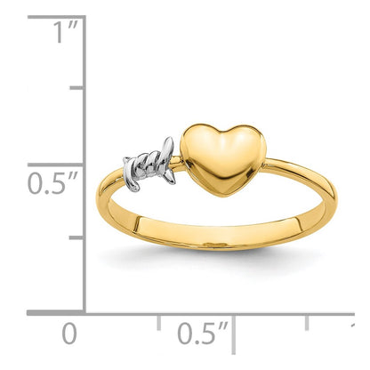 14k Yellow Gold with White Rhodium Barb Wire and Heart Ring