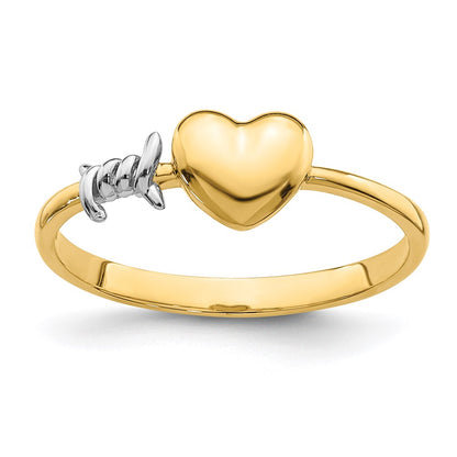 14k Yellow Gold with White Rhodium Barb Wire and Heart Ring